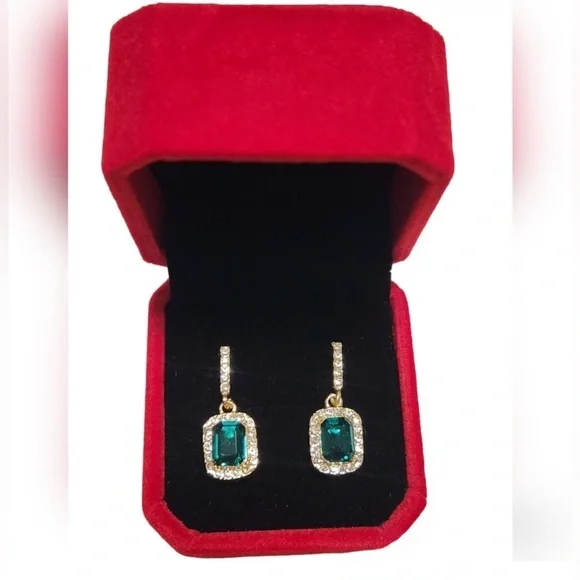 Gold and Green Drop Earrings with Rhinestones - Picture 6 of 6